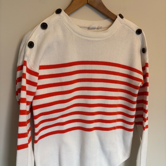 GAP Classic White Knit Sweater with Button Shoulders and Orange Stripes - small - Picture 2 of 7